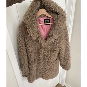 ZARA FAUX FUR HOODED TEDDY COAT TAUPE XS